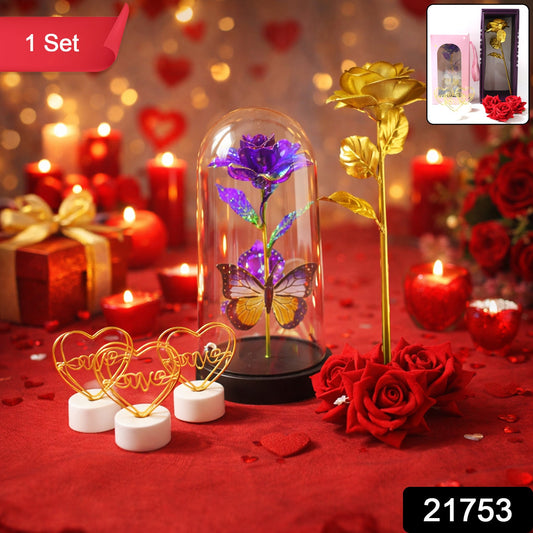 Golden artificial rose included in romantic gift set