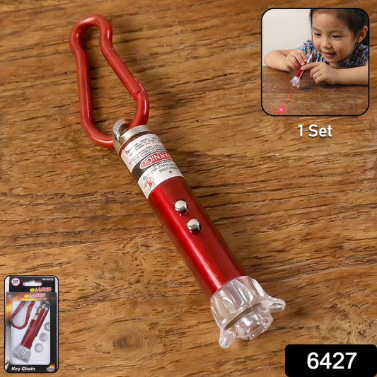 Bright red laser beam from the multi-functional laser pointer and LED flashlight.