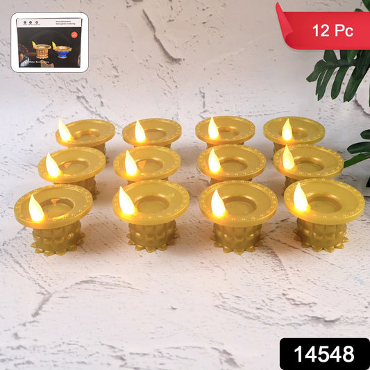 Close-up of decorative water sensor golden LED diyas perfect for Diwali