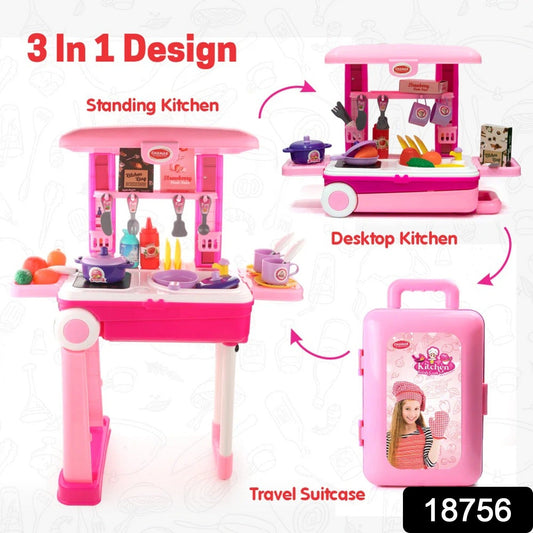 Girl playing with portable kitchen set, showing cooking toys